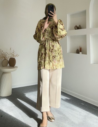 5095 su yolu desenli saten tunik - yeşil