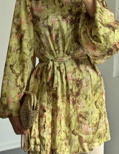 5095 su yolu desenli saten tunik - yeşil