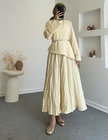 6029 leur asimetrik etek takım- sarı