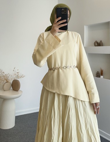 6029 leur asimetrik etek takım- sarı