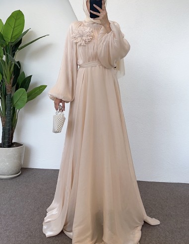 25Y-3023 drapeli elbise - açık pudra