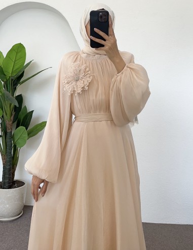 25Y-3023 drapeli elbise - açık pudra