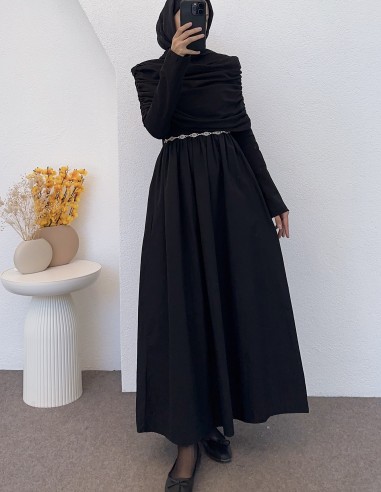 6164 omuz drapeli elbise - siyah