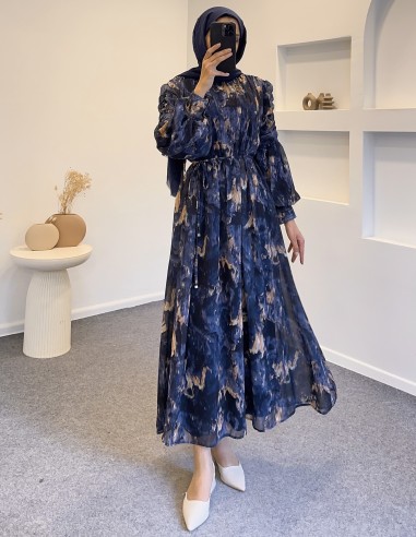 5098 kol büzgülü desenli elbise -...