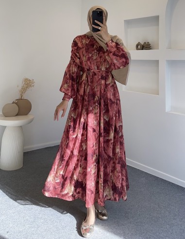 5098 kol büzgülü desenli elbise -...