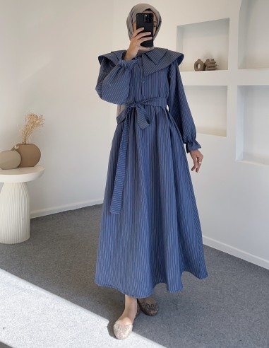 7350 çizgi detay elbise - Mavi