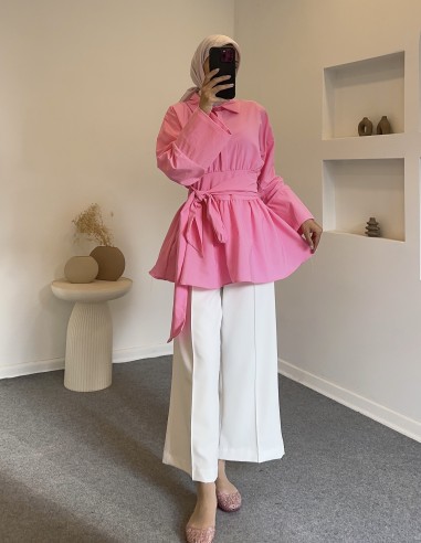 0744 belden bağlamalı gömlek-Pembe