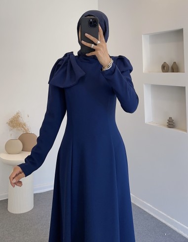 9178 omuz fiyonk detay elbise - lacivert