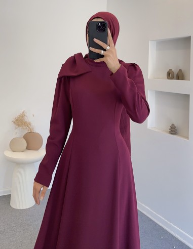 9178 omuz fiyonk detay elbise- bordo