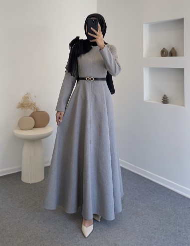 5722 omuz fiyonklu elbise  - gri