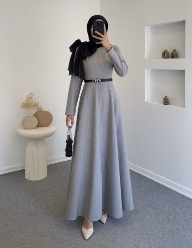 5722 omuz fiyonklu elbise  - gri