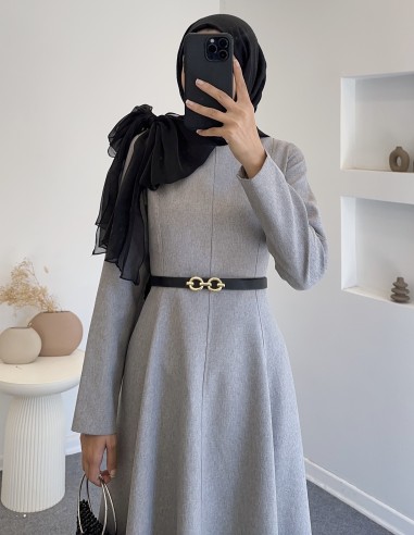 5722 omuz fiyonklu elbise  - gri