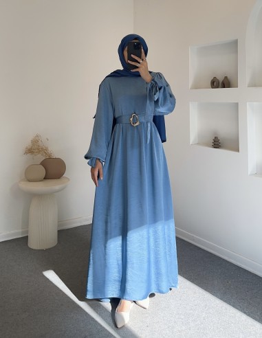 6105 saten elbise -mavi