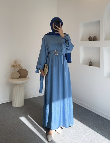 6105 saten elbise -mavi