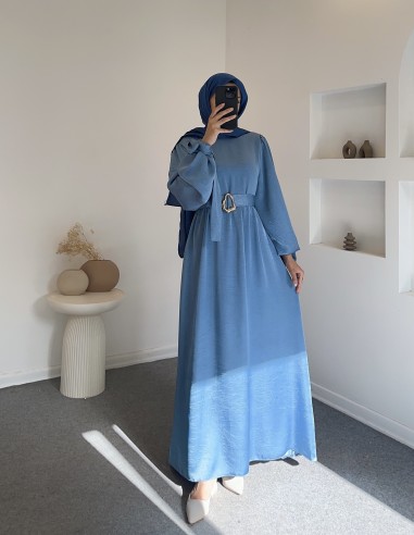 6105 saten elbise -mavi