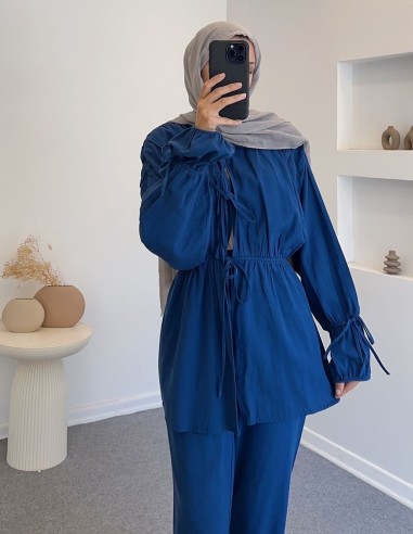 7181 keten pantolon takım - lacivert