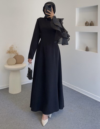 0809 tül kol siyah kalem elbise