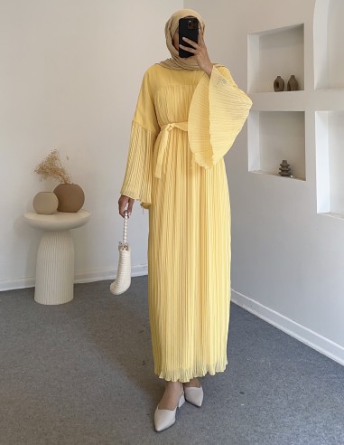 255022 pliseli şifon elbise - sarı