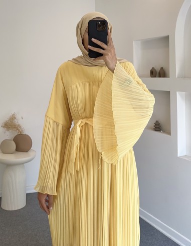 255022 pliseli şifon elbise - sarı