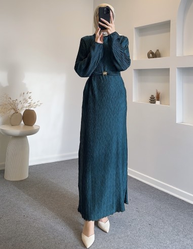 6070 kemer detay elbise - turkuaz