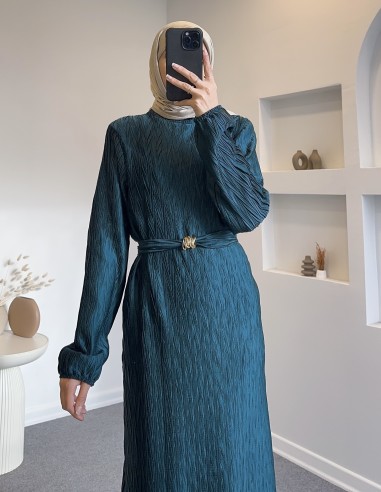 6070 kemer detay elbise - turkuaz