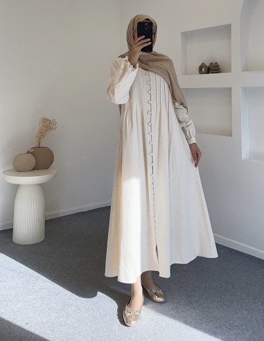 318 keten boydan düğmeli elbise - bej