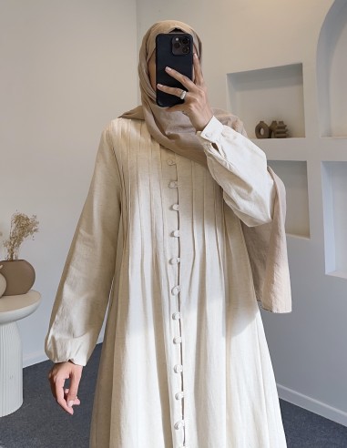 318 keten boydan düğmeli elbise - bej