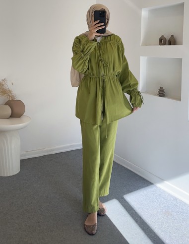 7181 keten pantolon takım - Yeşil
