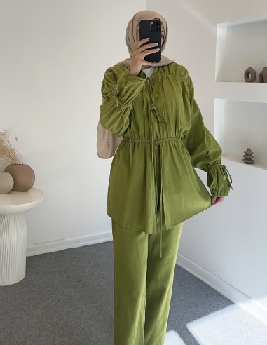 7181 keten pantolon takım - Yeşil