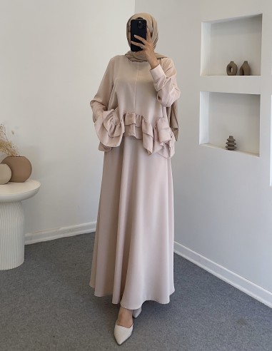 1107 fırfırlı volan detay etek takım-bej