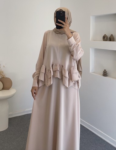 1107 fırfırlı volan detay etek takım-bej