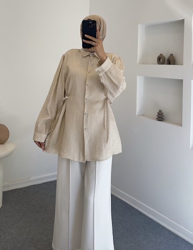 5083 çizgili saten gömlek - bej