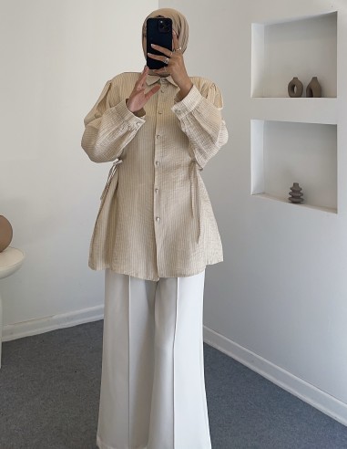 5083 çizgili saten gömlek - bej
