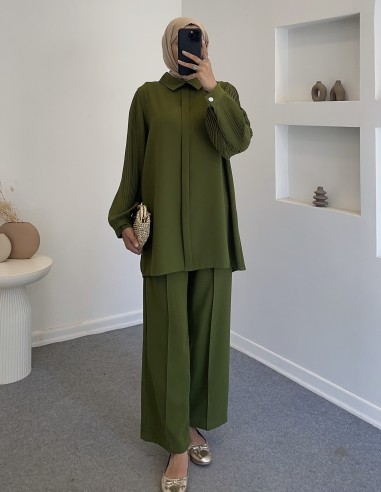 7262 pliseli kol takım- yeşil