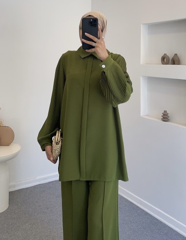 7262 pliseli kol takım- yeşil