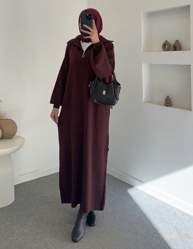 2828 fermuar detay triko elbise - bordo