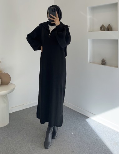 2828 fermuar detay triko elbise -Siyah