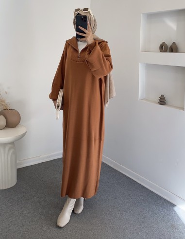 2828 fermuar detay triko elbise -Turuncu