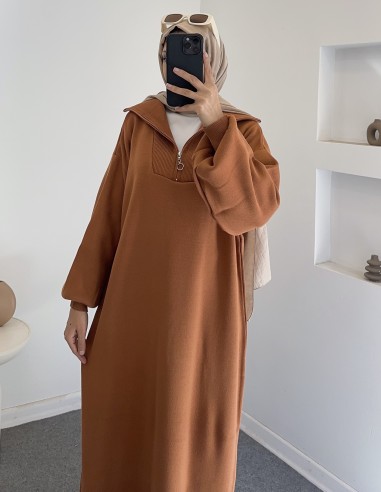 2828 fermuar detay triko elbise -Turuncu