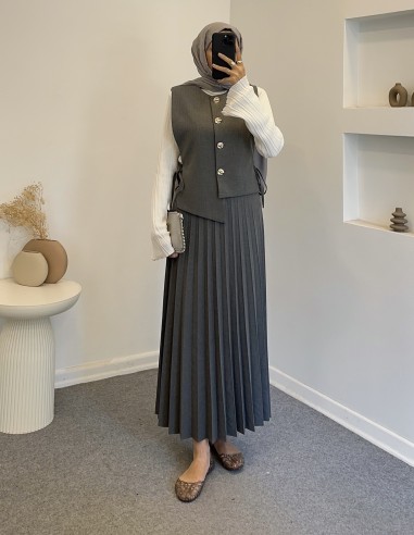 2826 pileli asimetrik etek takım - gri