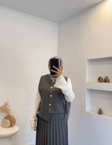 2826 pileli asimetrik etek takım - gri