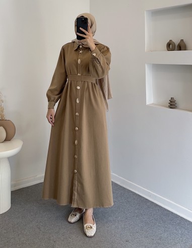 034 düğmeli kot elbise - camel