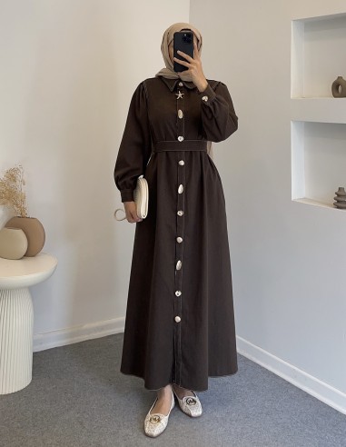 034 düğmeli kot elbise - kahverengi