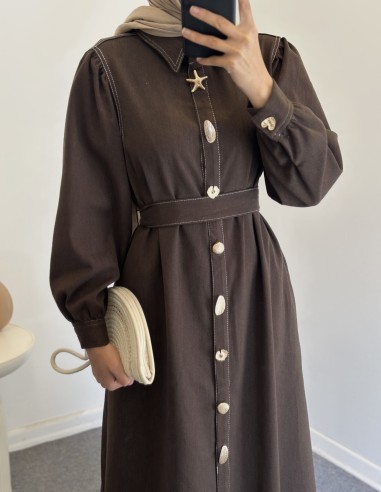 034 düğmeli kot elbise - kahverengi