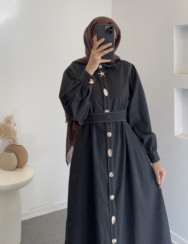 034 düğmeli kot elbise -siyah