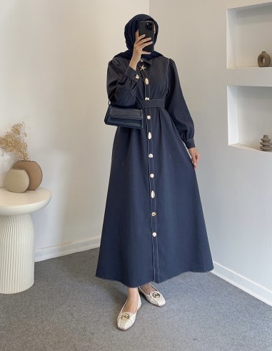 034 düğmeli kot elbise -Lacivert