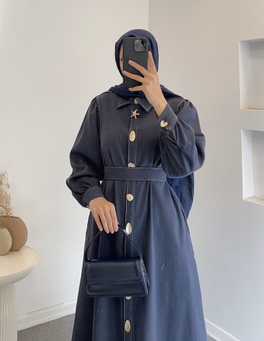 034 düğmeli kot elbise -Lacivert