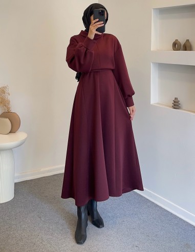 2907 scuba balon kol elbise - bordo