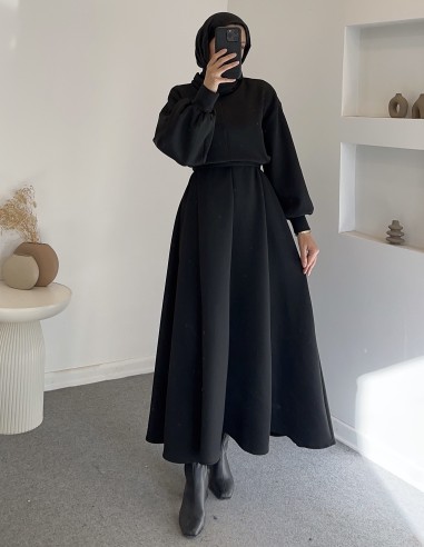 2907 scuba balon kol elbise -siyah