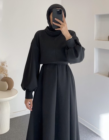 2907 scuba balon kol elbise -siyah